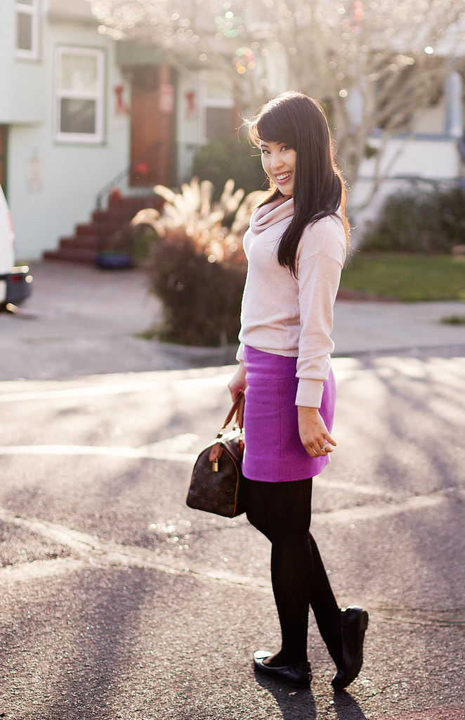 the limited pink cowlneck sweater, j. crew classic felted wool mini vintage violet, forever 21 chevron patterned tights, louis vuitton speedy 25, tory burch reva ballet flats