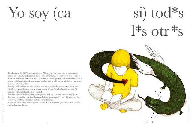 A page from Lleuven Queers showing a person in a yellow shirt reading a book. A green lizard tail emerges from their heart. Spanish pronouns with asterisks where the vowels are loom large, bringing attention to their gendered nature