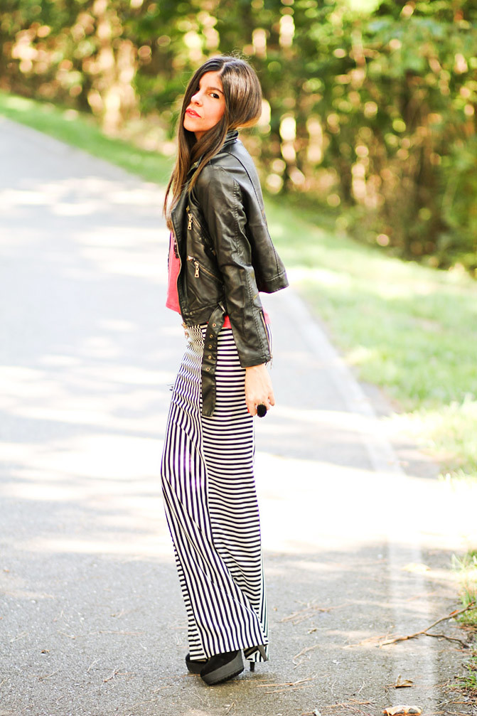 Stripe Maxi Skirt, Studded Leather Jacket, Galaxy print T Shirt, Fashion outfit
