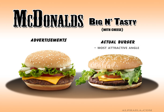 big n tasty, mcdonalds, fast food, false advertising, actual, false, comparison, ads, vs, reality, burger