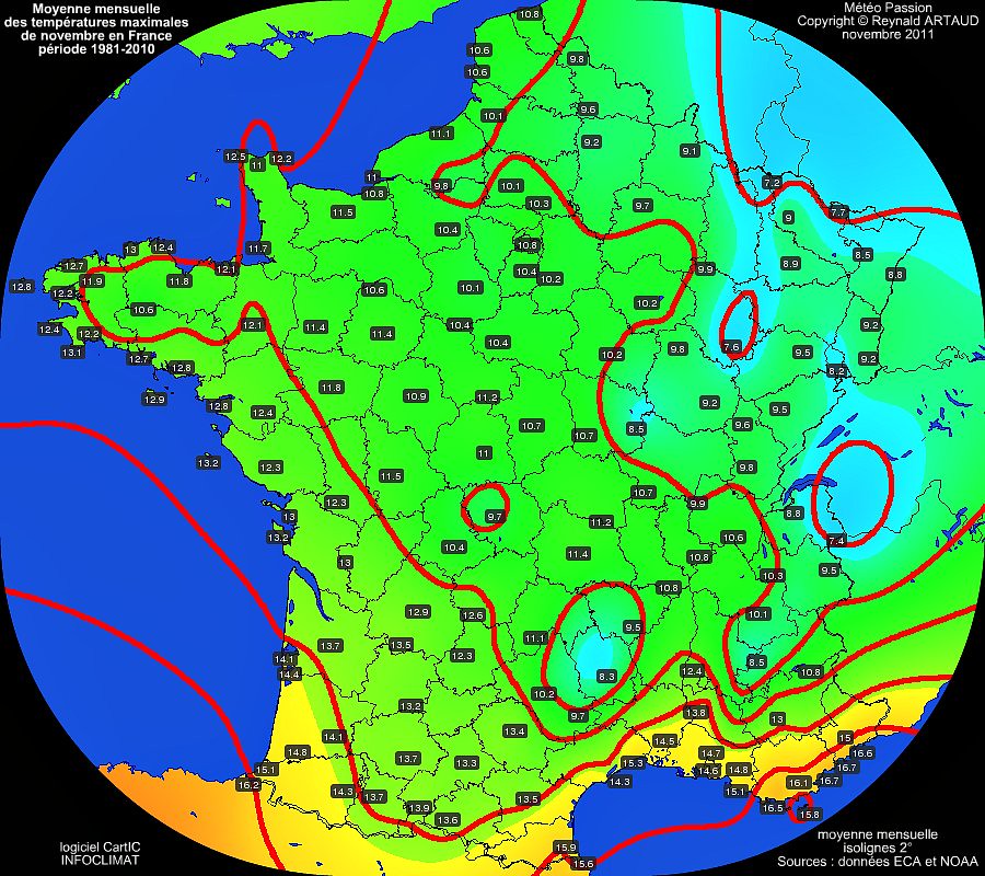 Moyennes mensuelles des températures maximales pour le mois de novembre en France sur la période 1981-2010