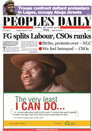 Front page of the Nigerian People's Daily saying that the federal government has split the labor movement and civil society over a settlement of the general strike. The military is occupying the capital. by Pan-African News Wire File Photos