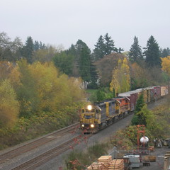 A P&W train approaches the Springwater Trail overpass