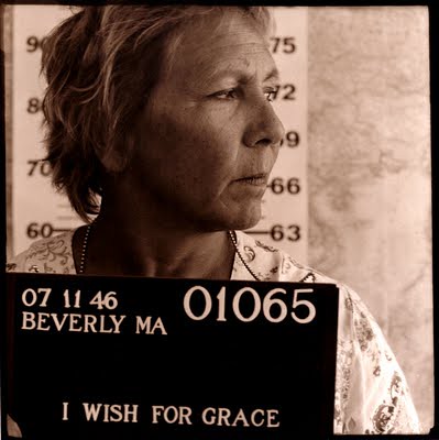 Black and white mugshot-style photo of a middle-aged white woman. Text reads I wish for grace