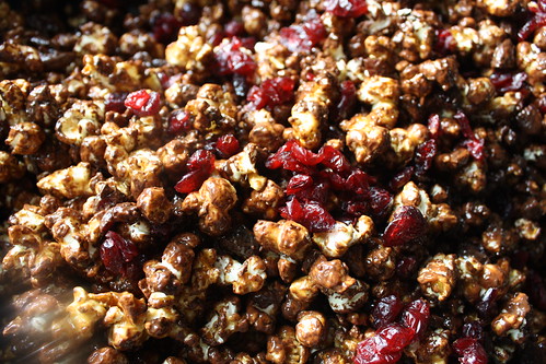 chocolate caramel corn with cranberries and almonds