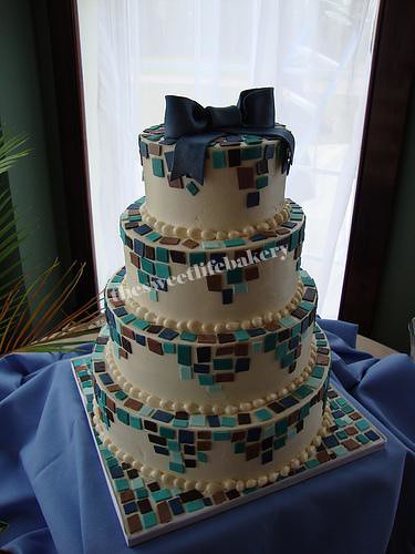 Mosaic Wedding Cake Blue green teal and brown fondant tiles were used to