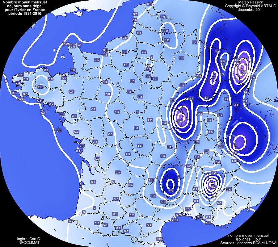 nombre moyen mensuel de jours sans dégel ou avec gel permanent au mois de février en France pour la période 1981-2010