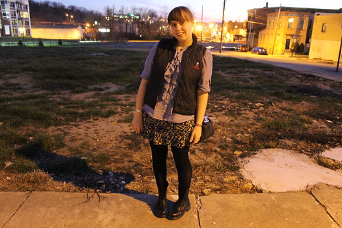 Sunset outfit: Doc Martens, '90s skirt, chambray shirt, quilted vest