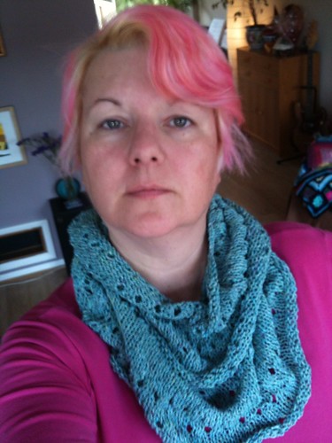 Wearing the Dew Drop Cowl (should've worn some make up!)
