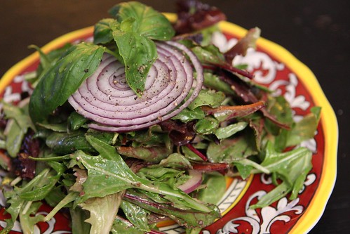 Baby Greens with Fig Tahini Dressing, Basil, and Red Onion
