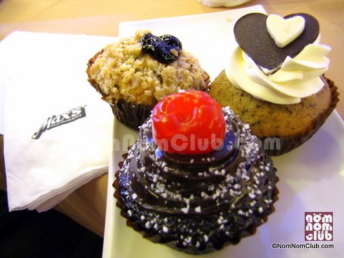 Max's Cupcakes for Valentine's Day: Blueberry Cupcake, Black Forest Cupcake, & Choco Banana Cupcake (left- right))