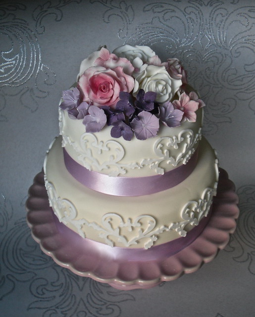 Purple pink and Ivory Wedding Cake