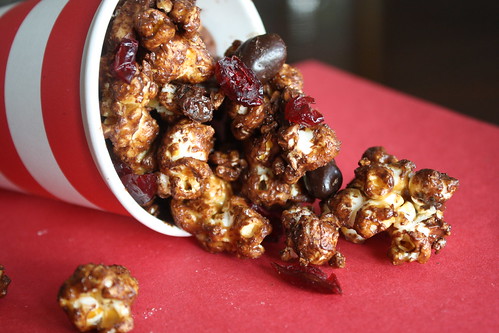 chocolate caramel corn with cranberries and almonds