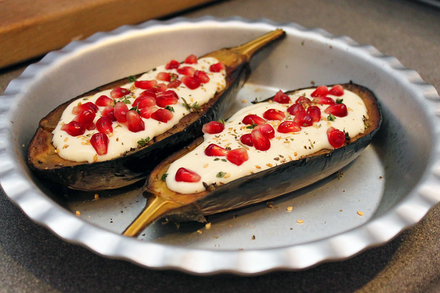 Roast Aubergines with Buttermilk sauce and pomegranate