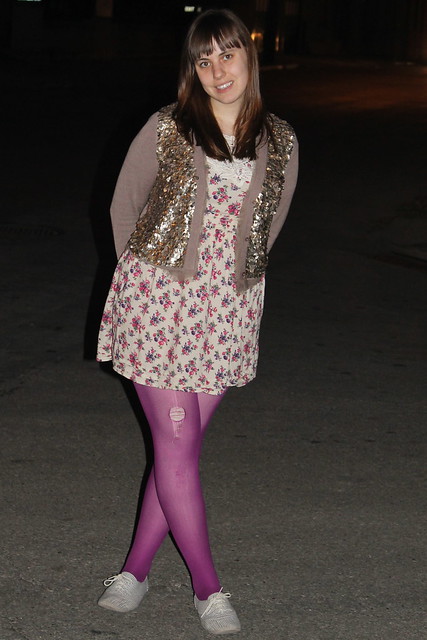 Fish scales outfit: Anthropologie cardigan, ruche floral dress with lace yoke, magenta tights, striped canvass lace-ups