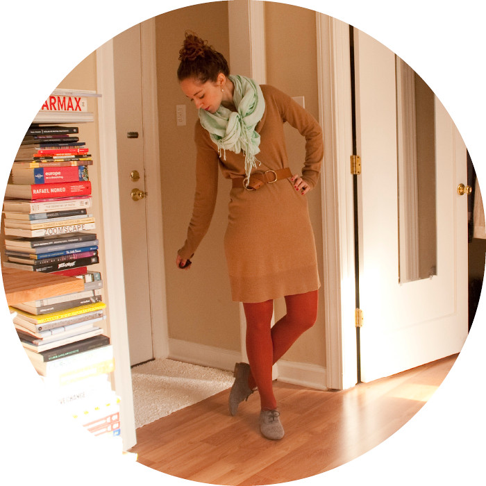 january outfit, ootd, dash dot dotty, j.crew, sweater dress, tan rust turquoise, suede oxfords, creative young professional, workfits