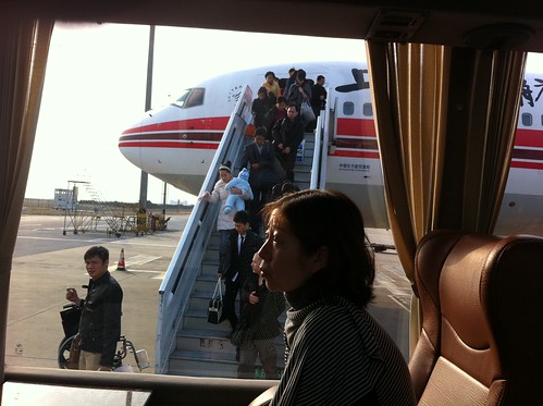 Arrival in Shanghai, waiting in the business class bus to drive to the terminal