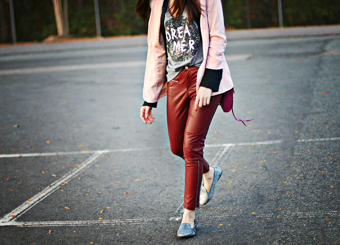 Rebecca Minkoff mini MAC bag, velvet slippers, Leather pants, Pink blazer, outfit, Fashion
