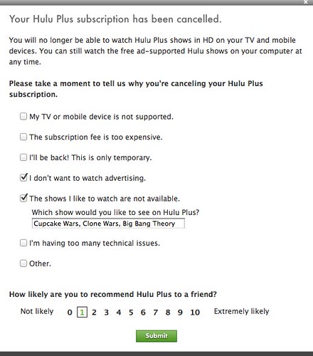Hulu - Plus Cancellation Survey