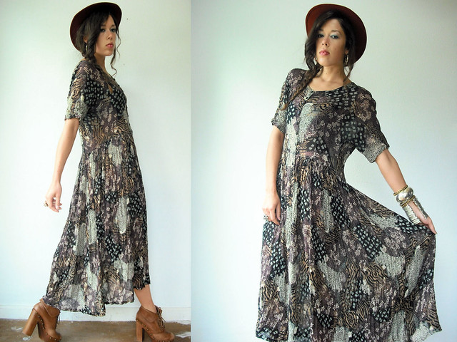 patchwork animal print draped maxi gypsy dress