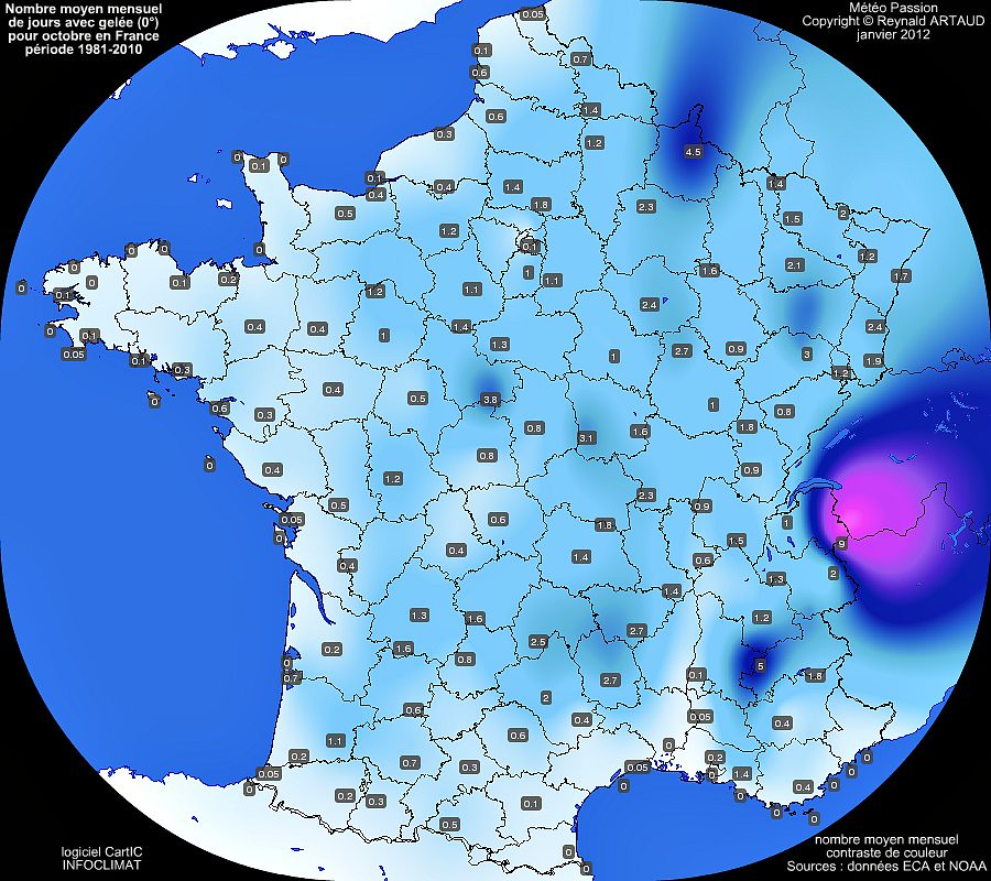 nombre moyen mensuel de jours avec gelée 0° pour le mois d'octobre en France sur la période 1981-2010