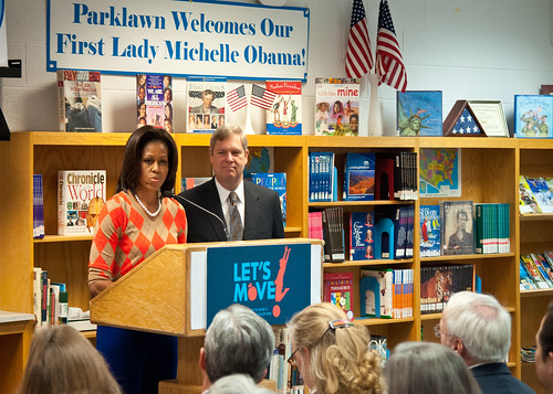 First Lady Michelle Obama joined Agriculture Secretary Tom Vilsack at Parklawn Elementary School to speak with faculty and parents about the United States Department of Agriculture’s new and improved nutrition standards for school lunches. An important accomplishment of the Healthy, Hunger-Free Kids Act that President Obama signed into law last year. Also, in In February 2010, First Lady Michelle Obama introduced “Let’s Move” incorporating the HealthierUS School Challenge into her campaign to promote a healthier generation of children. USDA is making the first major changes in school meals in over 15 years. The new standards encourage fruits and vegetables every day of the week, increasing offerings of whole grain-rich foods, offering only fat-free or low-fat milk and making sure kids are getting proper portion sizes at the Parklawn Elementary School Alexandria, Virginia, on Wednesday, January 25, 2012.  USDA Photo by Bob Nichols.