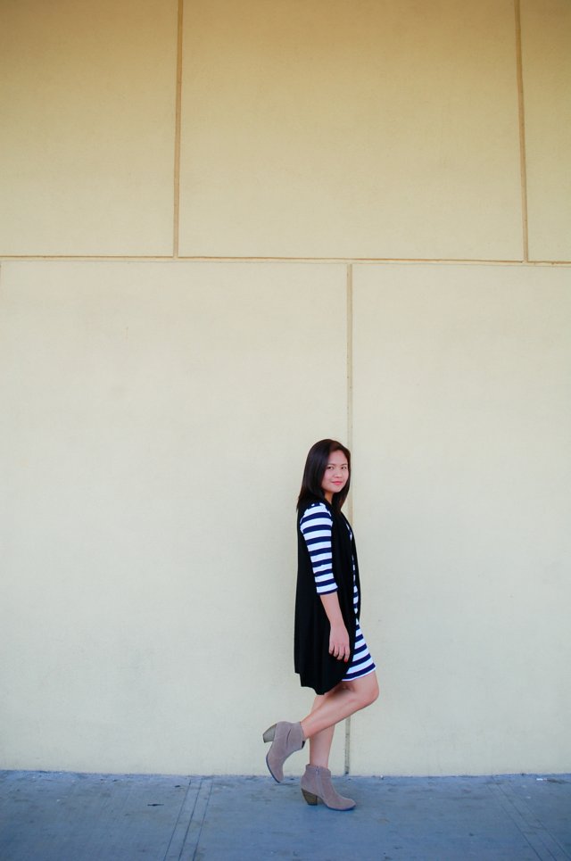 blue ad black, blue stripe dress and black knit vest, Denise Katipunera, Pinay Fashion Blogger, Mommy Style, Fashion On a Budget, Ukay Ukay, Thrift Finds, Thrift Blog, nude booties