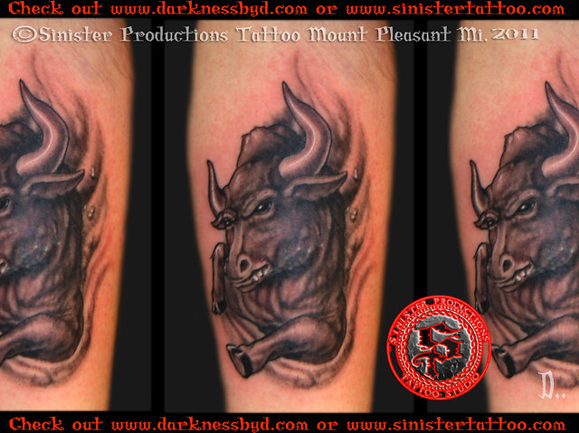 bull with smoke Tattoo Done by D Sinister Productions Tattoo Studio