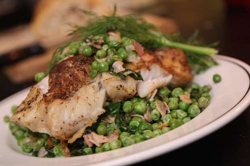 Pan Roasted Hake with Pancetta and Peas