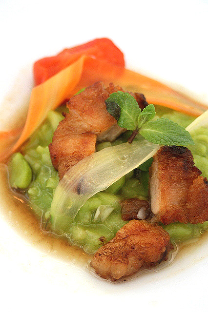 Grean Pea Risotto: Sauteed Kagoshima Kurobuta Confit, Green Pea and Bacon, Natural Meat Jus