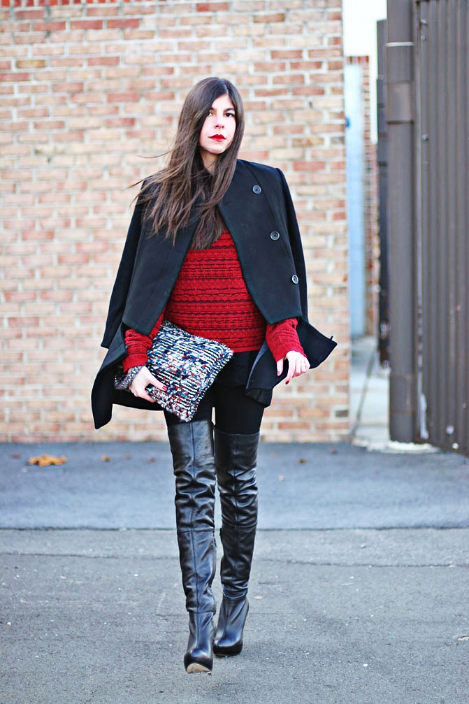 Zara clutch, Topshop over the knee boots, Zipper coat, Fashion outfit