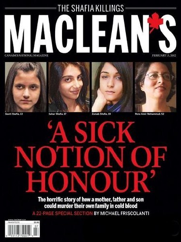 Maclean's Magazine Cover on February 13, 2012 showing the main story title "A Sick Notion of Honour" in red letters on a black background