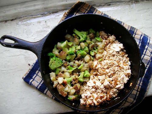 potato and broccoli hash with tofu scramble