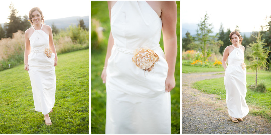 Bride in DIY custom wedding dress with pockets & fabric flower belt.