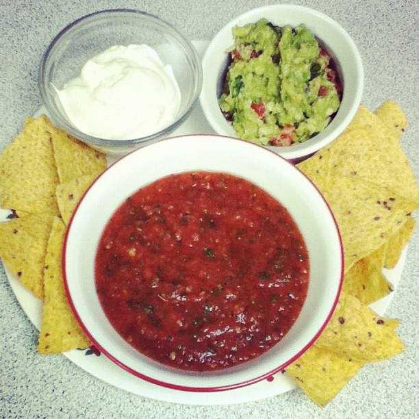 Homemade guacamole and roasted tomato salsa. Kids are in bed and we're watching the super bowl. :)