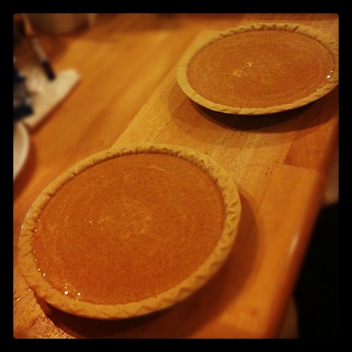 Pumpkin pies are ready for the oven.
