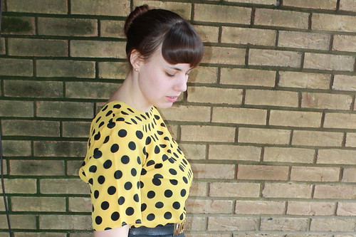 Black and yellow outfit: thrifted blouse, The Limited A-line skirt, wool tights, Modcloth quilted flats, snake bracelet