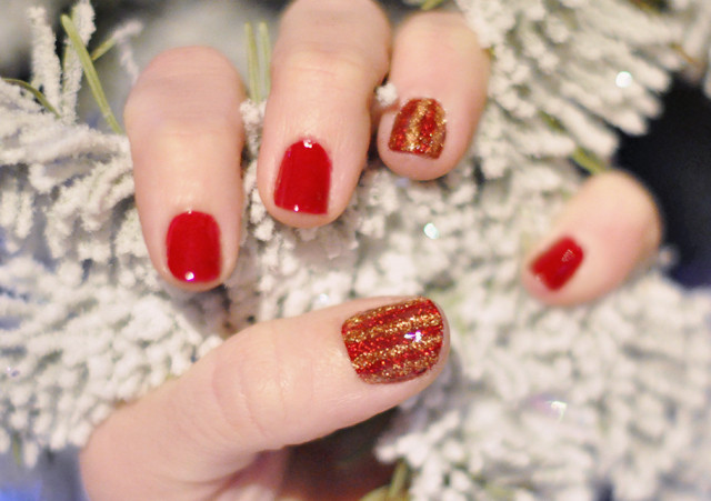 red and gold  glitter  striped nails- holiday manicure