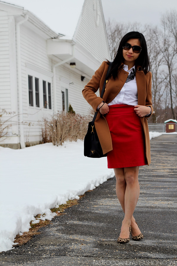 red theory skirt j crew townhouse trench heather caramel ann taylor leopard shoes