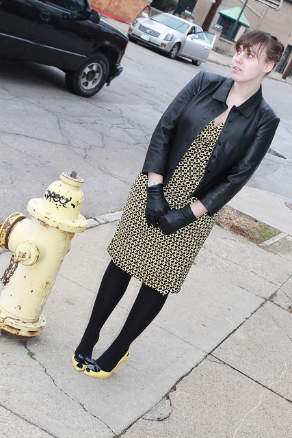 Black and yellow outfit: thrifted Ralph Lauren mock wrap dress, wool tights, thrifted leather jacket, Vinvienne Westwood Lady Dragon shoes