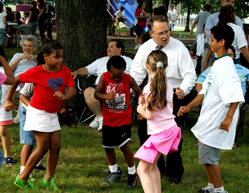 New England Futures photo of Fall River mayor & kids at festival (by: Dave Weed, Fall River Healthy City Coordinator)