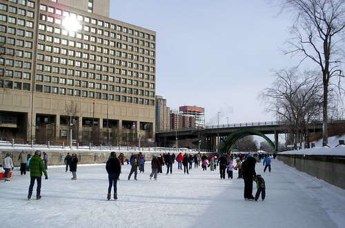 Canal skating, Laurier Bridge and DND building