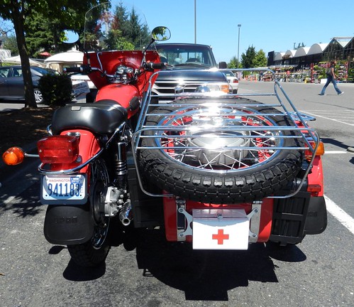 Motorcycle and sidecar, red cross kit, tire, summer, Home Depot, Aurora, Seattle, Washington, USA by Wonderlane