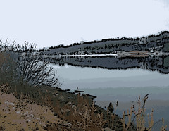 Snow Across the River (Digital Woodcut) by randubnick