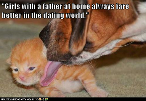 kitten being licked by a dog, qupte reads Girls with a father at home always fare better in the dating world