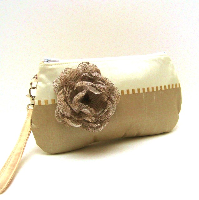 Bridal Clutch Wristlet Purse Bag Ivory Cream and Taupe Shimmer with Flower 