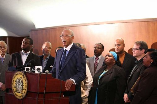 Detroit Mayor Dave Bing flanked by members of the City Council, labor leaders and clergy. They are saying that the city does not need an emergency manager. by Pan-African News Wire File Photos