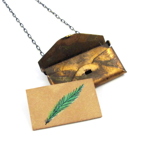Loved Letter Envelope Locket With Green Feather Drawing