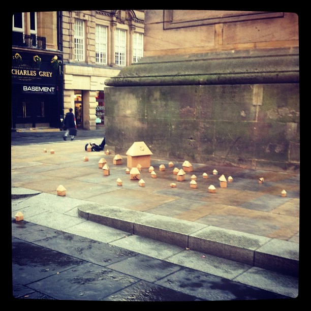 Noticed these little cardboard houses have taken the place of the Occupy protesters at the monument #newcastle #nefollowers
