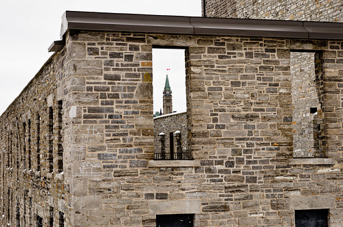 Peace tower through the Carbide Mill ruins on Victoria Island